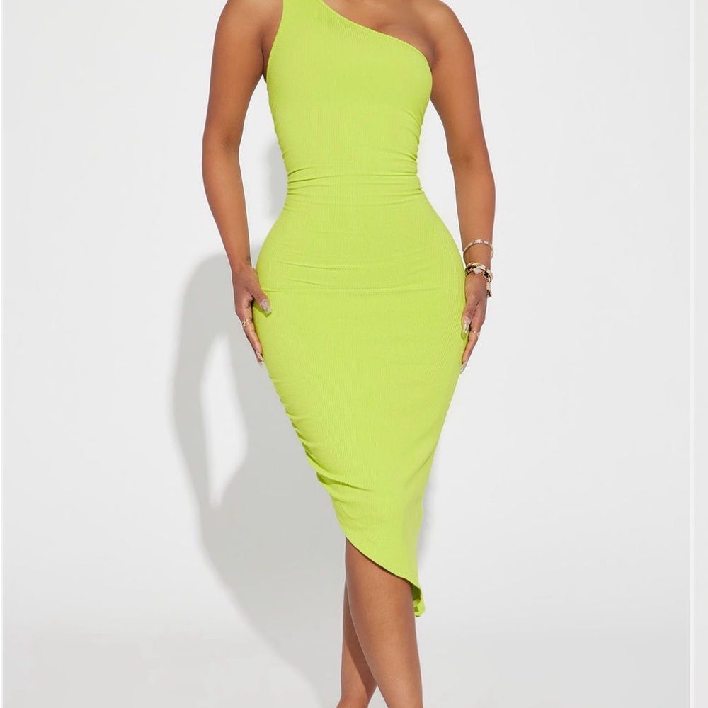 Fashion Nova Asymmetric Neon Green Midi Dress